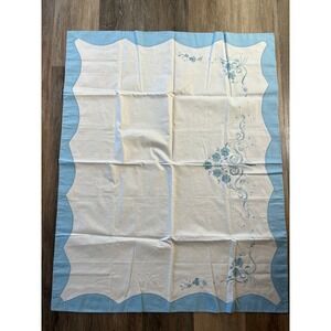 Vintage Floral Embroidered Tablecloth 42x34" White Blue Scalloped Cottagecore